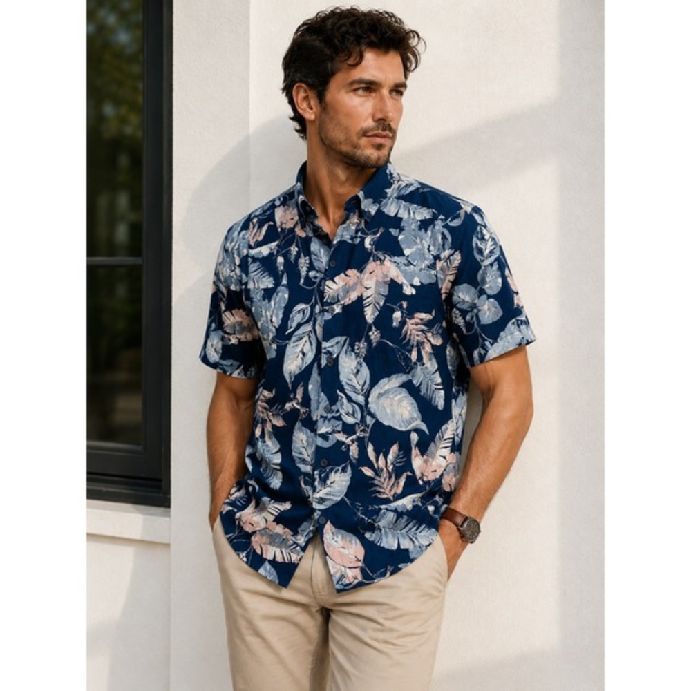 Cubavera Linen Blend Tropical Leaf Shirt Men XL Navy Blue Button Up Short Sleeve